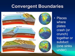 Convergent Boundaries
• Places
where
plates
crash (or
crunch)
together or
subduct
(one sinks
under)
 