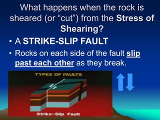 What happens when the rock is
sheared (or “cut”) from the Stress of
Shearing?
• A STRIKE-SLIP FAULT
• Rocks on each side of the fault slip
past each other as they break.
 