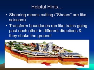 Helpful Hints…
• Shearing means cutting (“Shears” are like
scissors)
• Transform boundaries run like trains going
past each other in different directions &
they shake the ground!
 