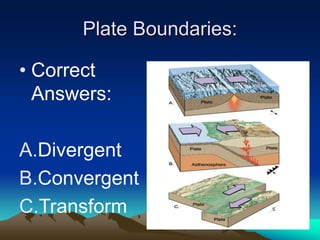 Plate Boundaries:
• Correct
Answers:
A.Divergent
B.Convergent
C.Transform
 