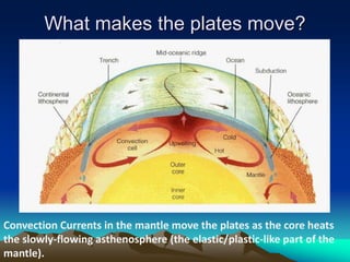 What makes the plates move?
Convection Currents in the mantle move the plates as the core heats
the slowly-flowing asthenosphere (the elastic/plastic-like part of the
mantle).
 
