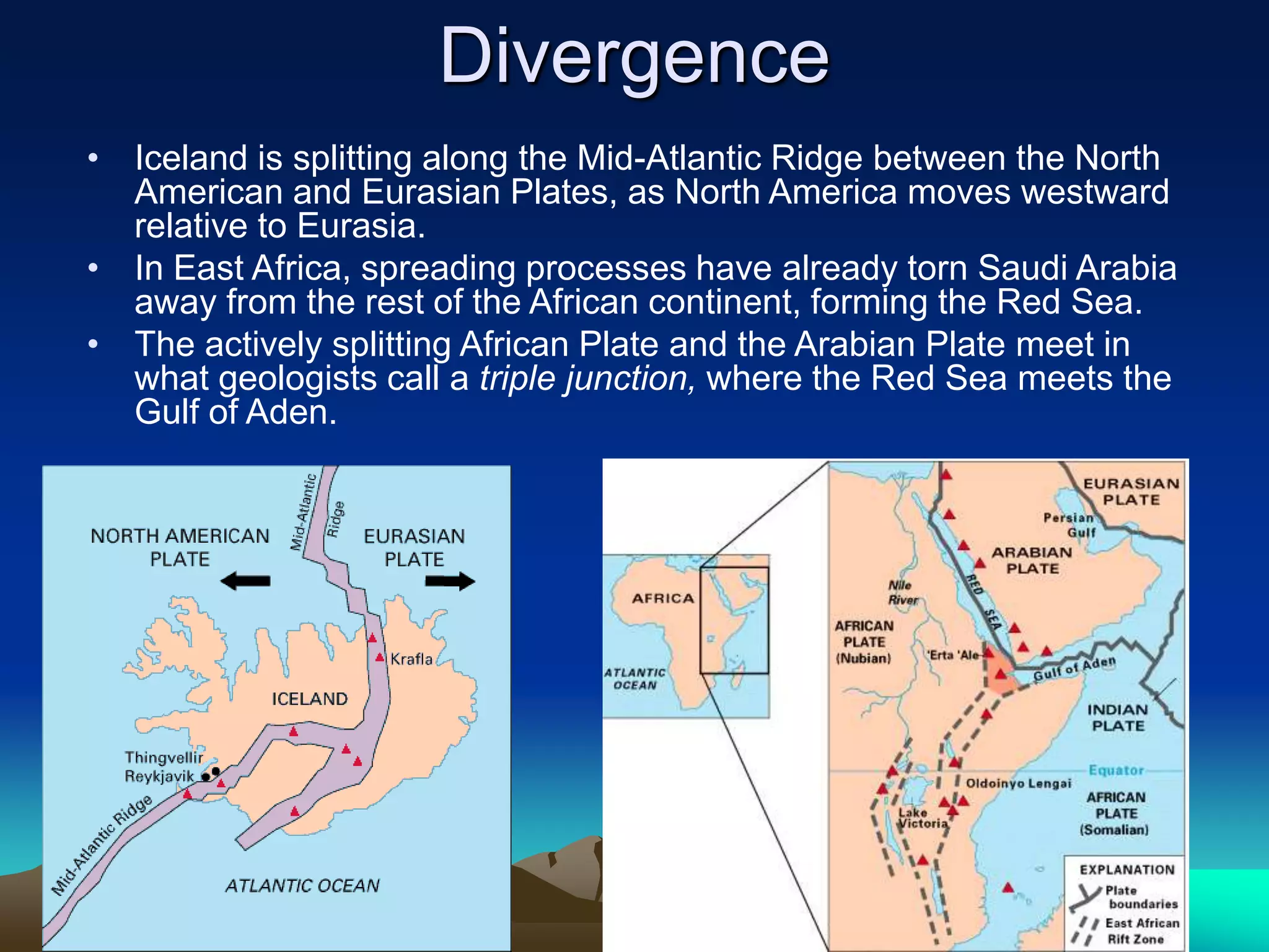 Divergence
• Iceland is splitting along the Mid-Atlantic Ridge between the North
American and Eurasian Plates, as North America moves westward
relative to Eurasia.
• In East Africa, spreading processes have already torn Saudi Arabia
away from the rest of the African continent, forming the Red Sea.
• The actively splitting African Plate and the Arabian Plate meet in
what geologists call a triple junction, where the Red Sea meets the
Gulf of Aden.
 