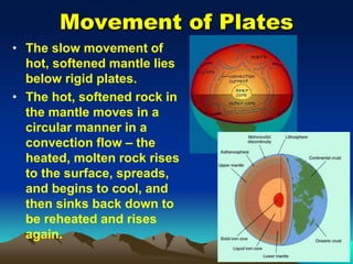 Movement of Plates
• The slow movement of
hot, softened mantle lies
below rigid plates.
• The hot, softened rock in
the mantle moves in a
circular manner in a
convection flow – the
heated, molten rock rises
to the surface, spreads,
and begins to cool, and
then sinks back down to
be reheated and rises
again.
 