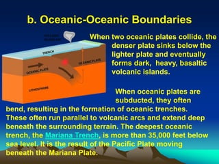 b. Oceanic-Oceanic Boundaries
When two oceanic plates collide, the
denser plate sinks below the
lighter plate and eventually
forms dark, heavy, basaltic
volcanic islands.
When oceanic plates are
subducted, they often
bend, resulting in the formation of oceanic trenches.
These often run parallel to volcanic arcs and extend deep
beneath the surrounding terrain. The deepest oceanic
trench, the Mariana Trench, is more than 35,000 feet below
sea level. It is the result of the Pacific Plate moving
beneath the Mariana Plate.
 