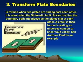 3. Transform Plate Boundaries
is formed when two plates are sliding past each other.
It is also called the Strike-slip fault. Rocks that line the
boundary split into pieces as the plates slip at each
other. A crack is then
formed creating an
undersea canyon or
linear fault valley. San
Andreas Fault is an
example
 