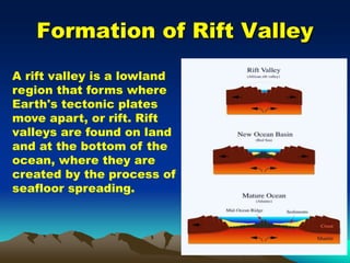 Formation of Rift Valley
A rift valley is a lowland
region that forms where
Earth's tectonic plates
move apart, or rift. Rift
valleys are found on land
and at the bottom of the
ocean, where they are
created by the process of
seafloor spreading.
 
