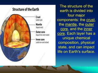 The structure of the
earth is divided into
four major
components: the crust,
the mantle, the outer
core, and the inner
core. Each layer has a
unique chemical
composition, physical
state, and can impact
life on Earth's surface.
 