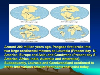 Around 200 million years ago, Pangaea first broke into
two large continental masses as Laurasia (Present day- N.
America, Europe and Asia) and Gondwana (Present day S.
America, Africa, India, Australia and Antarctica).
Subsequently, Laurasia and Gondwanaland continued to
break into various smaller continents that exist today.
 