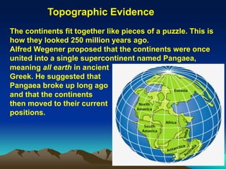 The continents fit together like pieces of a puzzle. This is
how they looked 250 million years ago.
Alfred Wegener proposed that the continents were once
united into a single supercontinent named Pangaea,
Topographic Evidence
meaning all earth in ancient
Greek. He suggested that
Pangaea broke up long ago
and that the continents
then moved to their current
positions.
 