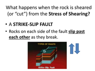 What happens when the rock is sheared
(or “cut”) from the Stress of Shearing?
• A STRIKE-SLIP FAULT
• Rocks on each side of the fault slip past
each other as they break.
 
