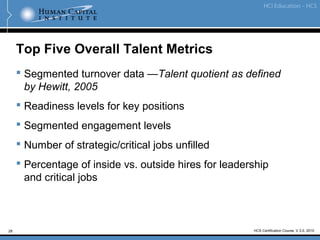28
Top Five Overall Talent Metrics
 Segmented turnover data —Talent quotient as defined
by Hewitt, 2005
 Readiness levels for key positions
 Segmented engagement levels
 Number of strategic/critical jobs unfilled
 Percentage of inside vs. outside hires for leadership
and critical jobs
HCS Certification Course, V.3.0, 2010
 