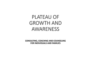 PLATEAU OF
GROWTH AND
AWARENESS
CONSULTING, COACHING AND COUNSELING
FOR INDIVIDUALS AND FAMILIES
 