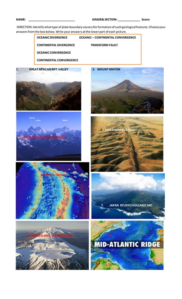 Plate boundary identification quiz PDF