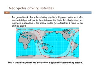 The ground track of a polar orbiting satellite is displaced to the west after
each orbital period, due to the rotation of the Earth. This displacement of
longitude is a function of the orbital period (often less than 2 hours for low
altitude orbits).
Near-polar orbiting satellites
Map of the ground path of one revolution of a typical near-polar orbiting satellite.
14
 