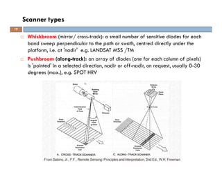 Whiskbroom (mirror/ cross-track): a small number of sensitive diodes for each
band sweep perpendicular to the path or swath, centred directly under the
platform, i.e. at 'nadir' e.g. LANDSAT MSS /TM
Pushbroom (along-track): an array of diodes (one for each column of pixels)
is 'pointed' in a selected direction, nadir or off-nadir, on request, usually 0-30
degrees (max.), e.g. SPOT HRV
Scanner types
19
 