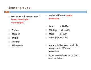 Multi-spectral sensors record
bands in multiple
wavelengths:
Visible
Near IR
Mid IR
Thermal
Microwave
Sensor groups
And at different spatial
resolutions:
Low >1000m
Medium 100-500m
High 5-80m
Very high 0.5-5m
Many satellites carry multiple
sensors with different
resolutions
Some sensors have more than
one resolution
20
 