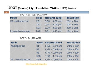 SPOT (France) High Resolution Visible (HRV) bands
http://eoedu.belspo.be/
SPOT 1-3: 1986, 1990, 1993
SPOT 4-5: 1998, 2002
27
 