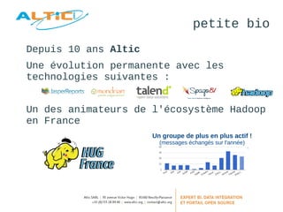petite bio 
Depuis 10 ans Altic 
Une évolution permanente avec les 
technologies suivantes : 
Un des animateurs de l'écosystème Hadoop 
en France 
Un groupe de plus en plus actif ! 
(messages échangés sur l'année) 
 