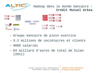 Hadoop dans le monde bancaire : 
Crédit Mutuel Arkea 
– Groupe bancaire de plein exercice 
– 3.2 millions de sociétaires et clients 
– 9000 salariés 
– 84 milliard d'euros de total de bilan 
(2011) 
 