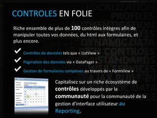 ASP.NET Web Application Framework CONTROLES  EN FOLIE Riche ensemble de plus de  100  contrôles intègres afin de manipuler toutes vos données, du html aux formulaires, et plus encore. Contrôles de données  tels que « ListView » Pagination des données  via « DataPager » Gestion de formulaires complexes  au travers de « FormView » Capitalisez sur un riche écosystème de  contrôles  développés par la  communauté  pour la communauté de la gestion d’interface utilisateur  au   Reporting .  