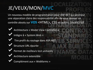 ASP.NET Web Application Framework JE/VEUX/MON/ MVC Un nouveau modèle de programmation pour ASP.NET qui promeut une séparation claire des responsabilité afin de vous donner un contrôle absolu sur   VOS  <HTML>, CSS  et autres  Javascript Architecture « Model View Controller » Intègre  à  « System.Web » Tire profit du routage dans ASP.NET Structure URL épurée Permet de meilleurs test unitaires Architecture extensible Complément aux « Webforms » 