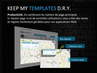 ASP.NET Web Application Framework KEEP MY  TEMPLATES  D.R.Y. Productivité.  En combinant les notions de page principale (« master page ») et de contrôles utilisateurs, vous créez des zones et régions facilement gérables pour vos applications Web.  Site.Master Content.aspx Calendar.ascx 