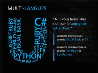 ASP.NET Web Application Framework MULTI- LANGUES “ .NET vous laisse libre d’utiliser le  langage de votre choix .” Langages dits statiques comme  Visual   Basic   et  C#   Langages dits dynamiques comme  IronRuby  et  IronPython 