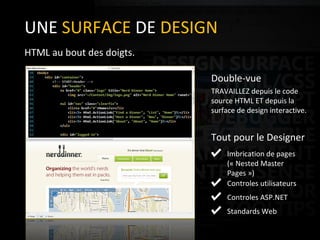 Complete development environment for Rapid Application Development.  UNE  SURFACE  DE  DESIGN Double-vue TRAVAILLEZ depuis le code source HTML ET depuis la surface de design interactive. Tout pour le Designer HTML au bout des doigts. Imbrication de pages (« Nested Master Pages ») Controles utilisateurs Controles ASP.NET Standards Web 