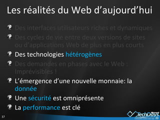 Les réalités du Web d’aujourd’hui Des interfaces utilisateurs riches et dynamiques Des cycles de vie entre deux versions de sites ou d’applications Web de plus en plus courts Des technologies  hétérogènes Des demandes en phases avec le Web : Imprévisibles ! L’émergence d’une nouvelle monnaie: la  donnée Une  sécurité  est omniprésente  La  performance  est clé  