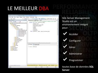 LE MEILLEUR  DBA SQL Server Management Studio est un environnement intégré pour: Accéder Configurer Gérer Administrer Programmer toutes base de données  SQL Server 