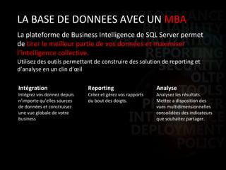 La plateforme de Business Intelligence de SQL Server permet de  tirer le meilleur partie de vos données et maximiser l’intelligence collective. LA BASE DE DONNEES AVEC UN  MBA Utilisez des outils permettant de construire des solution de reporting et d’analyse en un clin d’œil Intégration Intégrez vos donnez depuis n’importe qu’elles sources de données et construisez une vue globale de votre business Reporting Créez et gérez vos rapports du bout des doigts. Analyse Analysez les résultats. Mettez a disposition des vues multidimensionnelles consolidées des indicateurs que souhaitez partager. 