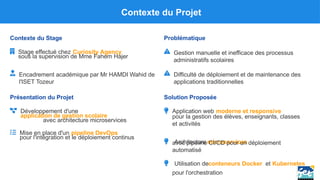 Contexte du Projet
Contexte du Stage
Stage effectué chez Curiosity Agency
sous la supervision de Mme Fahem Hajer
Encadrement académique par Mr HAMDI Wahid de
l'ISET Tozeur
Présentation du Projet
Développement d'une
application de gestion scolaire
avec architecture microservices
Mise en place d'un pipeline DevOps
pour l'intégration et le déploiement continus
Problématique
Gestion manuelle et inefficace des processus
administratifs scolaires
Difficulté de déploiement et de maintenance des
applications traditionnelles
Solution Proposée
Application web moderne et responsive
pour la gestion des élèves, enseignants, classes
et activités
Architecture microservices
avec pipeline CI/CD pour un déploiement
automatisé
Utilisation deconteneurs Docker et Kubernetes
pour l'orchestration
 