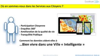 #BigData #Sécurité #Cloud #Mobile Aadel.Benyoussef@ExcelerateSystems.net / @aadel_ben
Où en sommes-nous dans les Services aux Citoyens ?
- Participation Citoyenne
- Enquêtes 360°
- Amélioration de la qualité de vie
- Tranquillité Publique
Comment les données aident-elles à
…Bien vivre dans une Ville « Intelligente »
 