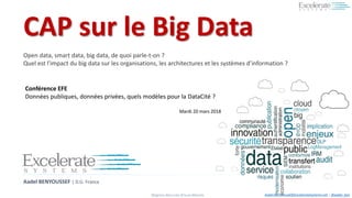 #BigData #Sécurité #Cloud #Mobile Aadel.Benyoussef@ExcelerateSystems.net / @aadel_ben
Aadel BENYOUSSEF | D.G. France
CAP sur le Big Data
Open data, smart data, big data, de quoi parle-t-on ?
Quel est l'impact du big data sur les organisations, les architectures et les systèmes d’information ?
Conférence EFE
Données publiques, données privées, quels modèles pour la DataCité ?
Mardi 20 mars 2018
 