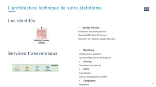 36
L’architecture technique de votre plateforme
Les identités
• Identity Provider
Accélération des développements
Standard OIDC (Open ID Connect)
Connexion via Facebook, Google, Azure AD, …
• Monitoring
Infrastructure et application
Log disponibles pour les développeurs
• Alerting
Centralisation des alarmes
• CI/CD
Automatisation
Cycle de développement accéléré
• Compliance
Régulations
Services transverseaux
 