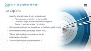 5
Ses objectifs
Objectifs et positionnement
• Supporter la transformation de votre business model
o Fabricant vendeur de véhicule -> service de mobilité
o Distributeur d’énergie -> conseil consommation énergétique
o Assureur -> couverture de risque -> préventions
• Orchestrer et/ou participer aux écosystèmes (ie. habitation, santé, mobilité
• Réinventer l’expérience utilisateur (ie. chatbot, voice, …)
• Valoriser les leviers technologiques au service des
fonctions cœurs de métiers
• Améliorer l’efficience de vos investissements IT
 
