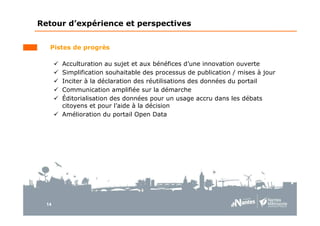 14
Retour d’expérience et perspectives
Pistes de progrès
Acculturation au sujet et aux bénéfices d’une innovation ouverte
Simplification souhaitable des processus de publication / mises à jour
Inciter à la déclaration des réutilisations des données du portail
Communication amplifiée sur la démarche
Éditorialisation des données pour un usage accru dans les débats
citoyens et pour l’aide à la décision
Amélioration du portail Open Data
 