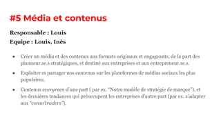 #5 Média et contenus
● Créer un média et des contenus aux formats originaux et engageants, de la part des
planneur.se.s stratégiques, et destiné aux entreprises et aux entrepreneur.se.s.
● Exploiter et partager nos contenus sur les plateformes de médias sociaux les plus
populaires.
● Contenus evergreen d’une part ( par ex. “Notre modèle de stratégie de marque”), et
les dernières tendances qui préoccupent les entreprises d’autre part (par ex. s’adapter
aux “conso’traders”).
Responsable : Louis
Equipe : Louis, Inès
 