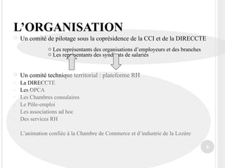 L’ORGANISATION Un comité de pilotage sous la coprésidence de la CCI et de la DIRECCTE  Un comité technique territorial : plateforme RH La DIRECCTE Les OPCA  Les Chambres consulaires Le Pôle-emploi Les associations ad hoc Des services RH L’animation confiée à la Chambre de Commerce et d’industrie de la Lozère Les représentants des organisations d’employeurs et des branches Les représentants des syndicats de salariés 