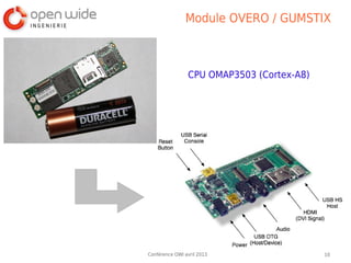 Module OVERO / GUMSTIX



                CPU OMAP3503 (Cortex-A8)




Conférence OWI avril 2013                  10
 