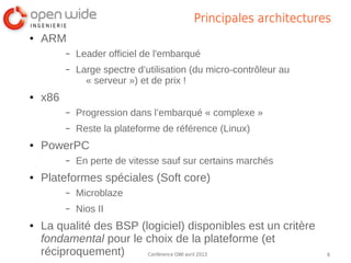 Principales architectures
●   ARM
          –   Leader officiel de l'embarqué
          –   Large spectre d’utilisation (du micro-contrôleur au
                « serveur ») et de prix !
●   x86
          –   Progression dans l’embarqué « complexe »
          –   Reste la plateforme de référence (Linux)
●   PowerPC
          –   En perte de vitesse sauf sur certains marchés
●   Plateformes spéciales (Soft core)
          –   Microblaze
          –   Nios II
●   La qualité des BSP (logiciel) disponibles est un critère
    fondamental pour le choix de la plateforme (et
    réciproquement)      Conférence OWI avril 2013                  6
 