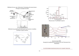 14 
Méthode de Laue pour déterminer l’orientation de monocristaux : 
Principe et exemple de cliché 
Méthode des poudres pour déterminer une structure cristalline 
Principe et spectre obtenu 
Fluorescence X : principe et spectre 
Spectroscopie RMN : 
Exemple de modification des spectres lors de l’étirement d’un 
élastomère 
PLATEFORME MICROSCOPIE DE CHAMP PROCHE 
 
