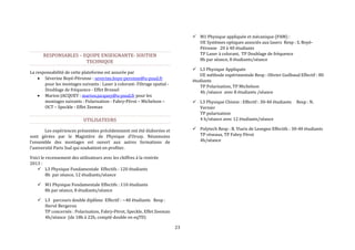 23 
RESPONSABLES – EQUIPE ENSEIGNANTE- SOUTIEN 
TECHNIQUE 
La responsabilité de cette plateforme est assurée par 
 Séverine Boyé-Péronne : severine.boye-peronne@u-psud.fr 
pour les montages suivants : Laser à colorant- Filtrage spatial - 
Doublage de fréquence - Effet Brossel 
 Marion JACQUEY : marion.jacquey@u-psud.fr pour les 
montages suivants : Polarisation - Fabry-Pérot – Michelson – 
OCT – Speckle - Effet Zeeman 
UTILISATEURS 
Les expériences présentées précédemment ont été élaborées et 
sont gérées par le Magistère de Physique d’Orsay. Néanmoins 
l’ensemble des montages est ouvert aux autres formations de 
l’université Paris Sud qui souhaitent en profiter. 
Voici le recensement des utilisateurs avec les chiffres à la rentrée 
2013 : 
 L3 Physique Fondamentale Effectifs : 120 étudiants 
8h par séance, 12 étudiants/séance 
 M1 Physique Fondamentale Effectifs : 110 étudiants 
8h par séance, 8 étudiants/séance 
 L3 parcours double diplôme Effectif : ~40 étudiants Resp : 
Hervé Bergeron 
TP concernés : Polarisation, Fabry-Pérot, Speckle, Effet Zeeman 
4h/séance (de 18h à 22h, compté double en eqTD) 
 M1 Physique appliquée et mécanique (PAM) : 
UE Systèmes optiques associés aux lasers Resp : S. Boyé- 
Péronne 20 à 40 étudiants 
TP Laser à colorant, TP Doublage de fréquence 
8h par séance, 8 étudiants/séance 
 L3 Physique Appliquée 
UE méthode expérimentale Resp : Olivier Guilbaud Effectif : 80 
étudiants 
TP Polarisation, TP Michelson 
4h /séance avec 8 étudiants /séance 
 L3 Physique Chimie : Effectif : 30-40 étudiants Resp : N. 
Vernier 
TP polarisation 
4 h/séance avec 12 étudiants/séance 
 Polytech Resp : B. Viaris de Lesegno Effectifs : 30-40 étudiants 
TP réseaux, TP Fabry Pérot 
4h/séance 
 