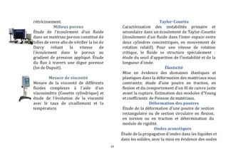 14 
rétrécissement. 
Milieux poreux 
Étude de l'écoulement d'un fluide 
dans un matériau poreux constitué de 
billes de verre afin de vérifier la loi de 
Darcy reliant la vitesse de 
l'écoulement dans le poreux au 
gradient de pression appliqué. Étude 
du flux à travers une digue poreuse 
(loi de Dupuit). 
Mesure de viscosité 
Mesure de la viscosité de différents 
fluides complexes à l'aide d'un 
viscosimètre (Couette cylindrique) et 
étude de l'évolution de la viscosité 
avec le taux de cisaillement et la 
température. 
Taylor-Couette 
Caractérisation des instabilités primaire et 
secondaire dans un écoulement de Taylor-Couette 
(écoulement d'un fluide dans l'inter-espace entre 
deux cylindres concentriques, en mouvement de 
rotation relatif). Pour une vitesse de rotation 
critique, le fluide se structure spécialement : 
étude du seuil d’apparition de l’instabilité et de la 
longueur d’onde. 
Élasticité 
Mise en évidence des domaines élastiques et 
plastiques dans la déformation des matériaux sous 
contrainte; étude d’une poutre en traction, en 
flexion et du comportement d’un fil de cuivre juste 
avant la rupture. Estimation des modules d’Young 
et coefficients de Poisson de matériaux. 
Déformation des poutres 
Étude de la déformation d'une poutre de section 
rectangulaire ou de section circulaire en flexion, 
en torsion ou en traction et détermination du 
module de rigidité. 
Ondes acoustiques 
Étude de la propagation d'ondes dans les liquides et 
dans les solides, avec la mise en évidence des ondes 
 