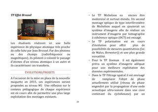 29 
TP Effet Brossel 
Les étudiants réalisent ici une belle 
expérience de physique atomique très proche 
de celle faite par Jean Brossel. Par des photons 
ou des champs (radiofréquence ou 
magnétiques), ils pilotent à volonté le passage 
d'atomes d'un niveau atomique à un autre et 
ils caractérisent ces transferts. 
EVOLUTIONS/PROJETS 
A l’occasion de la mise en place de la nouvelle 
maquette en 2015, ces expériences seront 
proposées au niveau M1 Une réflexion sur le 
contenu pédagogique de chaque expérience 
est en cours afin de permettre une plus large 
exploitation des montages existants. 
- Le TP Michelson va encore être 
modernisé et surtout étendu. Un second 
montage optique de type interféromètre 
de Michelson auquel on ajouterait un 
système d’imagerie afin de réaliser un 
instrument d’imagerie par tomographie 
à cohérence optique (OCT) est enisagé. 
- Le TP polarisation est en cours 
d’évolution pour offrir plus de 
possibilités de mesures quantitatives (loi 
de Malus, Brewster)) et une plus grande 
versatilité. 
- Pour le TP Zeeman il est également 
prévu un système d’imagerie adéquat 
pour une meilleure exploitation des 
données expérimentales. 
- Dans le TP Filtrage spatial il est envisagé 
de remplacer l’objet de phase 
actuellement utilisé (réseau de phase 
engendré par la propagation d’une onde 
acoustique ultra-sonore dans une cuve 
contenant du cyclohexane) par un 
 