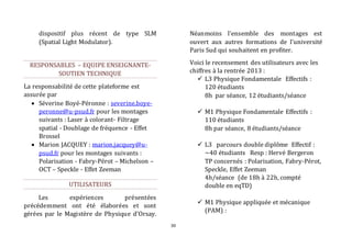 30 
dispositif plus récent de type SLM 
(Spatial Light Modulator). 
RESPONSABLES – EQUIPE ENSEIGNANTE-SOUTIEN 
TECHNIQUE 
La responsabilité de cette plateforme est 
assurée par 
 Séverine Boyé-Péronne : severine.boye-peronne@ 
u-psud.fr pour les montages 
suivants : Laser à colorant- Filtrage 
spatial - Doublage de fréquence - Effet 
Brossel 
 Marion JACQUEY : marion.jacquey@u-psud. 
fr pour les montages suivants : 
Polarisation - Fabry-Pérot – Michelson – 
OCT – Speckle - Effet Zeeman 
UTILISATEURS 
Les expériences présentées 
précédemment ont été élaborées et sont 
gérées par le Magistère de Physique d’Orsay. 
Néanmoins l’ensemble des montages est 
ouvert aux autres formations de l’université 
Paris Sud qui souhaitent en profiter. 
Voici le recensement des utilisateurs avec les 
chiffres à la rentrée 2013 : 
 L3 Physique Fondamentale Effectifs : 
120 étudiants 
8h par séance, 12 étudiants/séance 
 M1 Physique Fondamentale Effectifs : 
110 étudiants 
8h par séance, 8 étudiants/séance 
 L3 parcours double diplôme Effectif : 
~40 étudiants Resp : Hervé Bergeron 
TP concernés : Polarisation, Fabry-Pérot, 
Speckle, Effet Zeeman 
4h/séance (de 18h à 22h, compté 
double en eqTD) 
 M1 Physique appliquée et mécanique 
(PAM) : 
 