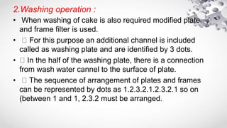 2.Washing operation :
• When washing of cake is also required modified plate
and frame filter is used.
• For this purpose an additional channel is included
called as washing plate and are identified by 3 dots.
• In the half of the washing plate, there is a connection
from wash water cannel to the surface of plate.
• The sequence of arrangement of plates and frames
can be represented by dots as 1.2.3.2.1.2.3.2.1 so on
(between 1 and 1, 2.3.2 must be arranged.
 