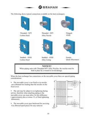10
The following shows typical connections available on the heat exchangers:
When the heat exchanger has connections on the moveable cover there are special piping
considerations:
• The moveable cover is not fixed so its nozzles
can withstand less loading than the nozzles on the
fixed cover.
• The unit may be subject to re-tightening during
service, therefore when attaching piping to the
moveable cover you must allow for this difference
( approximately plus or minus 1% of final tightening
dimension).
• The moveable cover goes backward for servicing.
Use elbowed spool pieces for easy removal.
Threaded - NPT
Carbon Steel
Threaded - NPT
Alloy Nozzle
Flanged-
ANSI
Studded - ANSI
Carbon Steel
Studded - ANSI
Alloy Lining
Ferrule-
Quick Disconnect
NOTICE!
When piping units with Threaded-NPT Alloy Nozzles, the nozzles must be
held in place by a wrench to avoid damage.
 