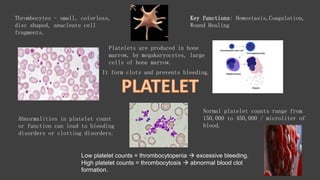 Platelets are produced in bone
marrow, by megakaryocytes, large
cells of bone marrow.
Normal platelet counts range from
150,000 to 450,000 / microliter of
blood.
Low platelet counts = thrombocytopenia  excessive bleeding.
High platelet counts = thrombocytosis  abnormal blood clot
formation.
Key functions: Hemostasis,Coagulation,
Wound Healing
Thrombocytes - small, colorless,
disc shaped, anucleate cell
fragments.
Abnormalities in platelet count
or function can lead to bleeding
disorders or clotting disorders.
It form clots and prevents bleeding.
 