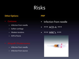 Creating PRP
•   After centrifuge, we see 3 layers:
     –   Top layer: Plasma (PPP) (spec grav = 1.03)
     –   Middle layer: Platelets (spec grav = 1.04-5)
     –   Middle layer: WBC’s (spec grav = 1.06)
     –   Bottom layer: Red blood cells (specific gravity = 1.09)




•   Variable result based on:
     –   Speed, Duration, & Technique of spin



                                                                   Welsh et al, Cosmetic Derm, 2000.
                                                                   Marx et al, Imp Dent, 2001.
 